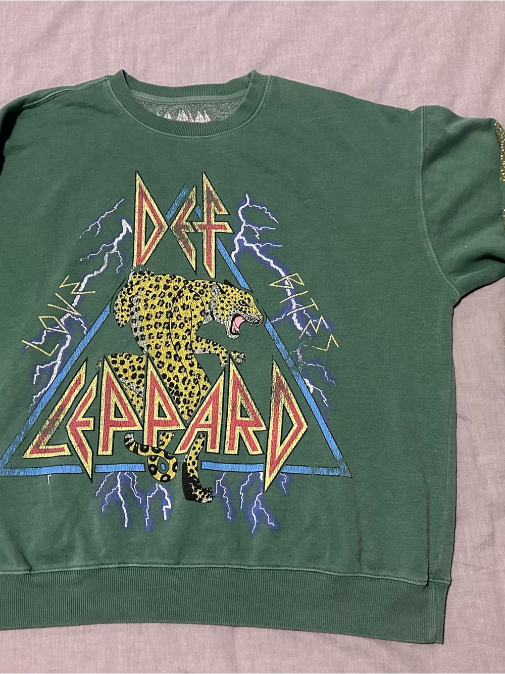 Def Leppard goodie two sleeves crewneck size 1X green with stars on sleeves